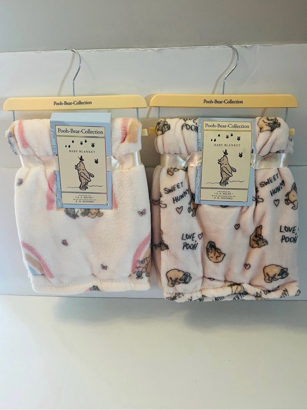 Winnie the Pooh Bear Collection Lot of 2 Baby Blankets Love Pooh Sweet Rainbows